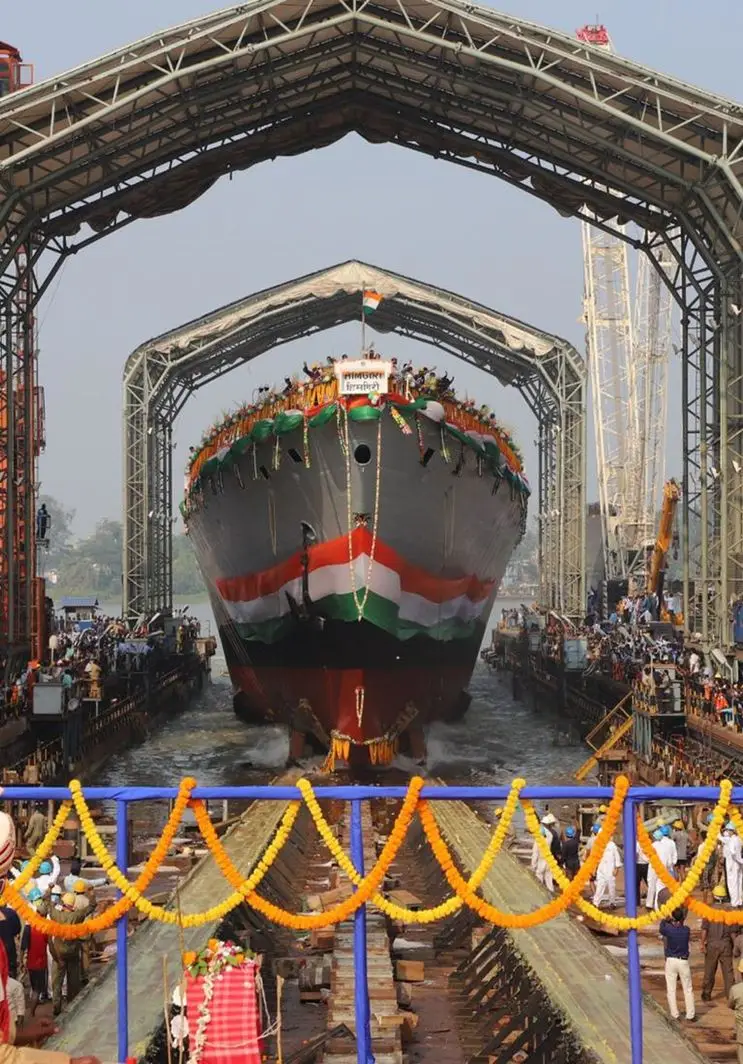 Ship launch at GRSE shipyard